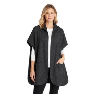 Eileen Fisher Hooded Wool Poncho Vest Open Front Pockets OS